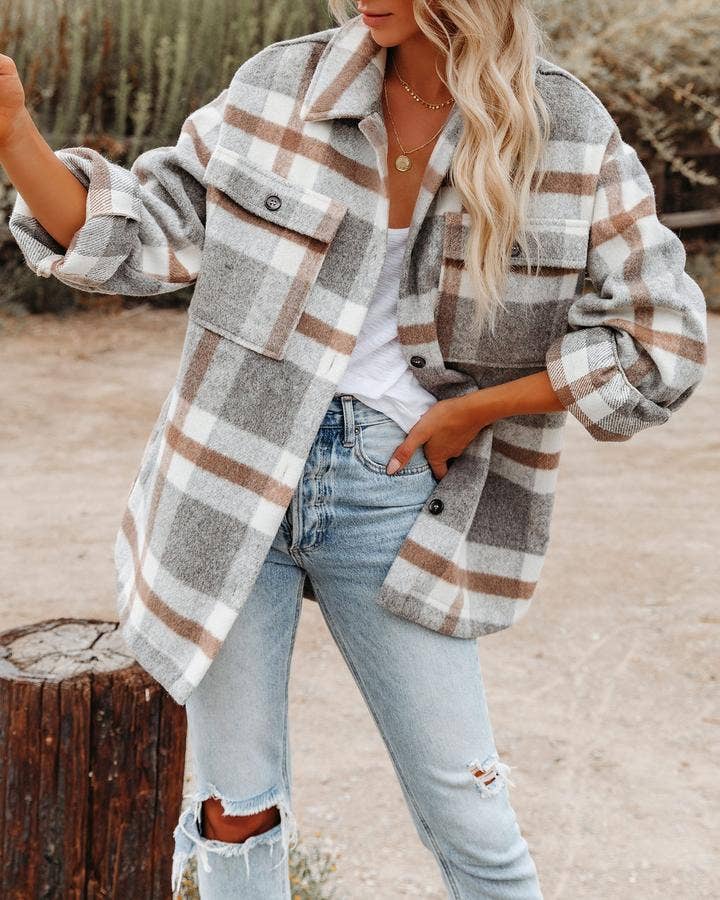 Oversized Plaid Shacket Button Down Flannel Jacket