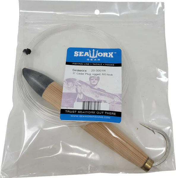 6" Cedar plug, Rigged, 8/0 Hook
